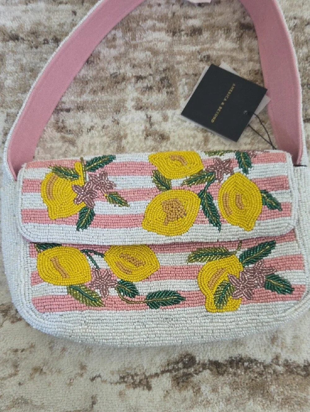 Lemon and Pink Striped Beaded Bag